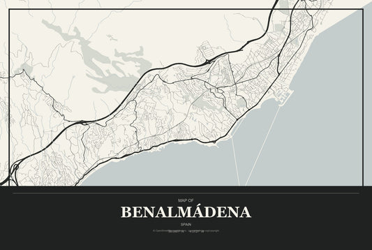 Benalmádena, Spain City Map Aluminum Sign in Museum Plaque style