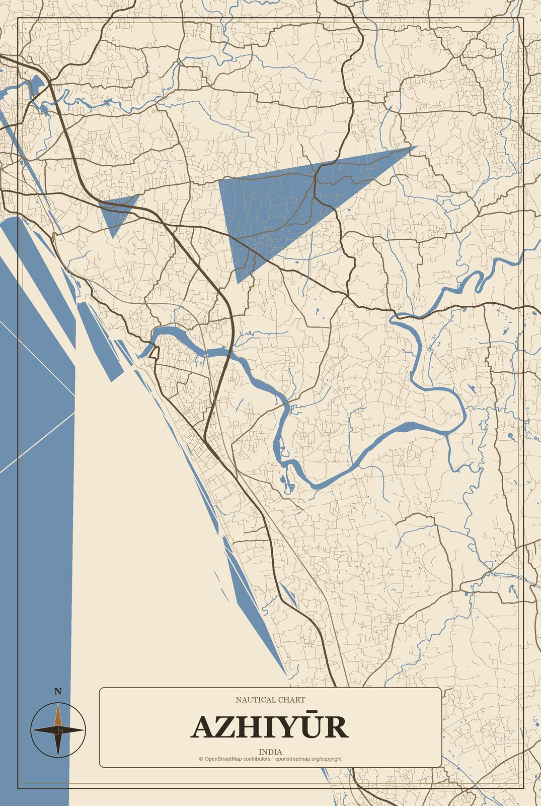 Azhiyūr, India City Map Aluminum Sign in Heritage Nautical style