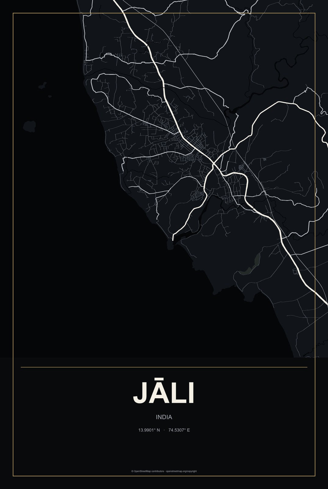 Jāli, India City Map Aluminum Sign in Metropolitan Noir style