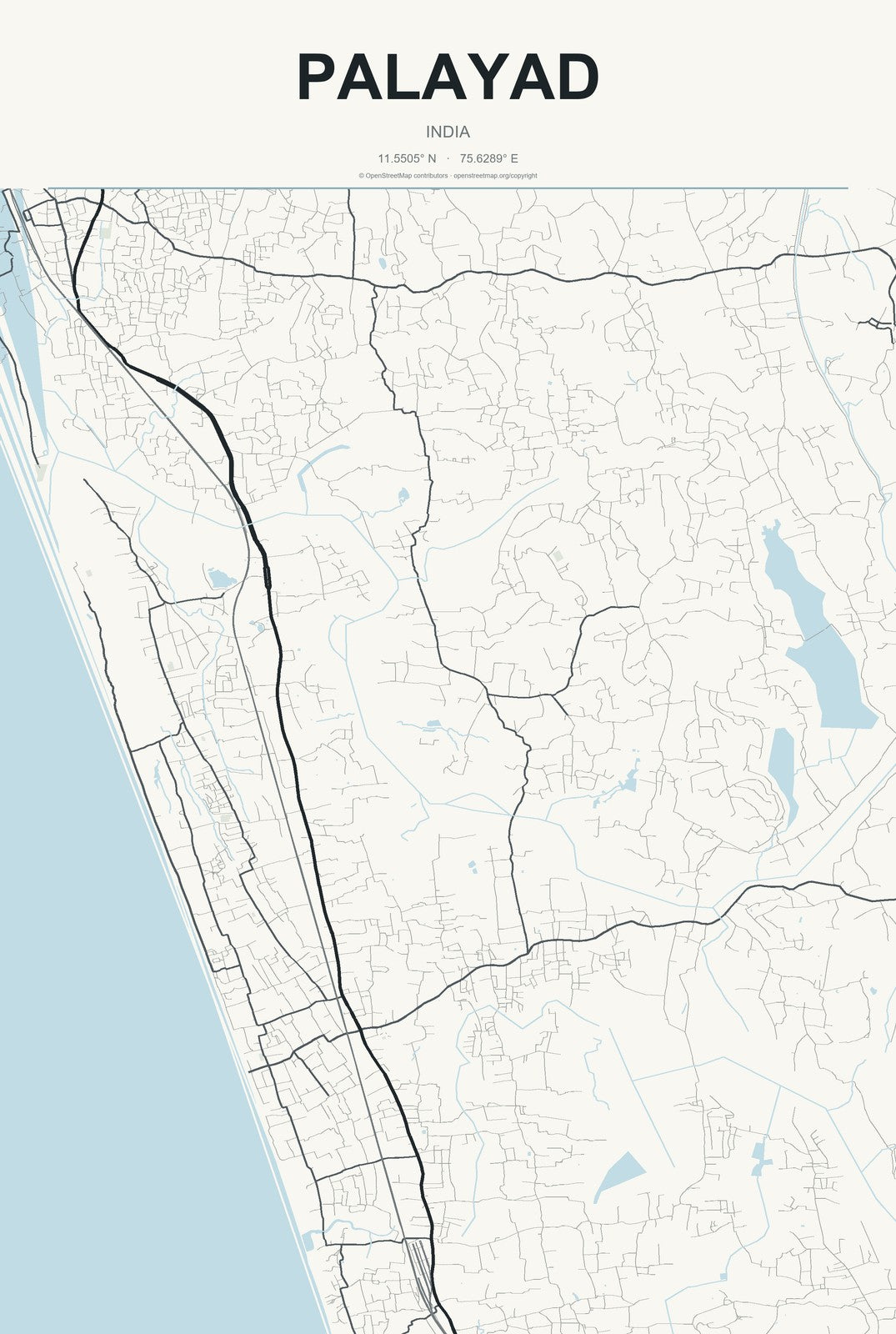 Palayad, India City Map Aluminum Sign in Headline Atlas style