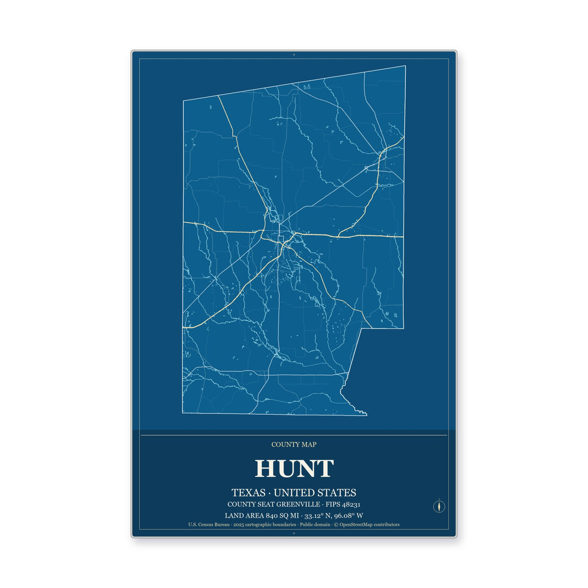Hunt County, Texas Map Aluminum Sign in Harbor Cobalt style