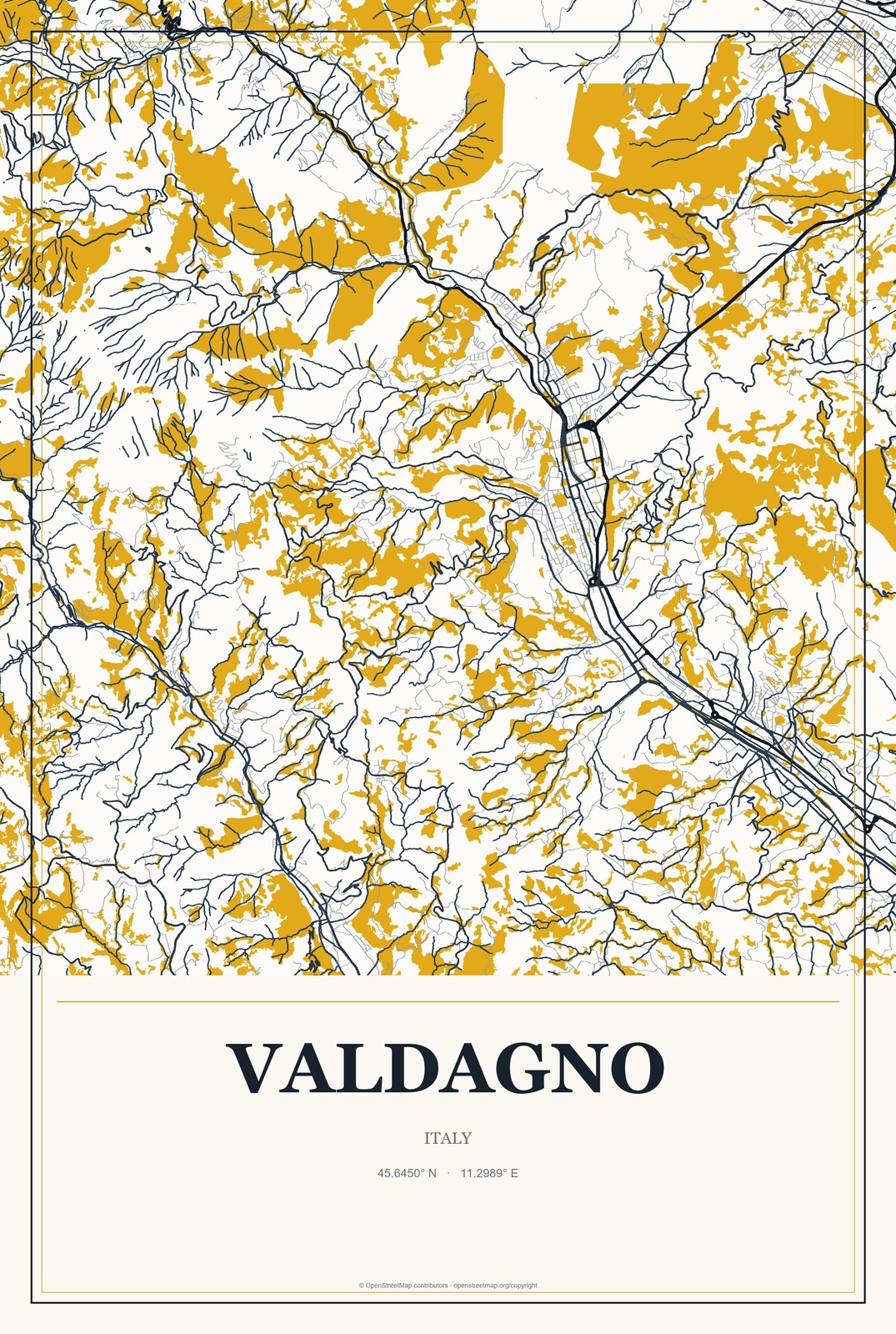 Valdagno, Italy City Map Aluminum Sign in Citrine Modern style