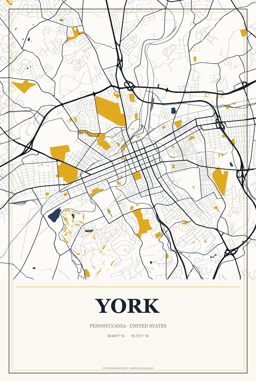 York, Pennsylvania City Map Aluminum Sign in Citrine Modern style