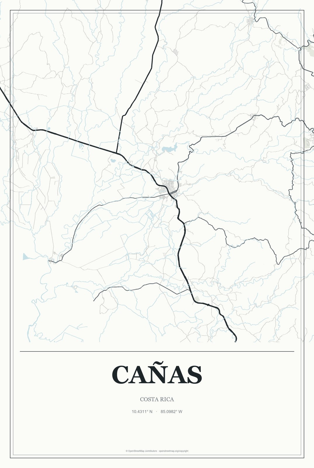 Cañas, Costa Rica City Map Aluminum Sign in Gallery Air style