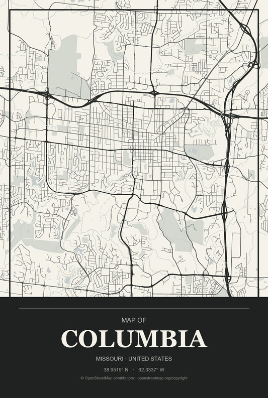Columbia, Missouri City Map Aluminum Sign in Museum Plaque style