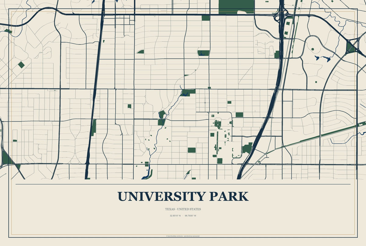University Park, Texas City Map Aluminum Sign in Coastal Cutout style