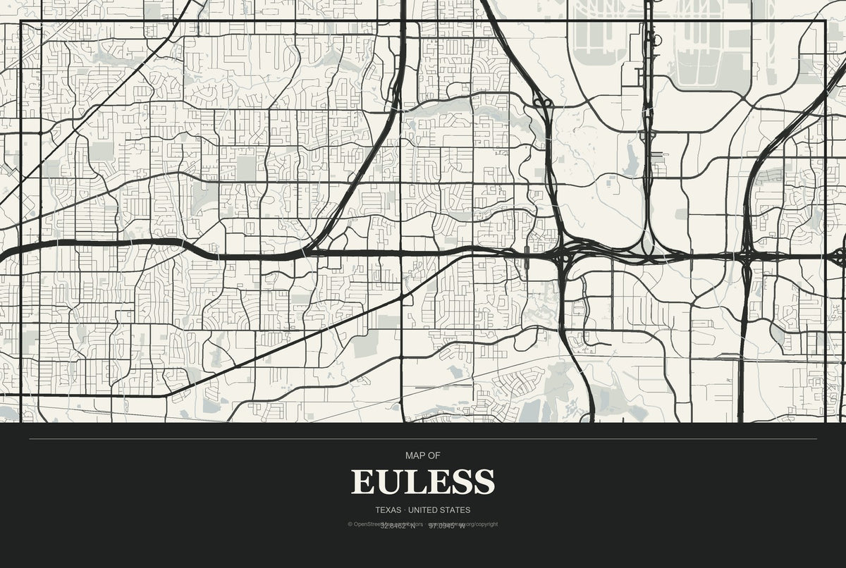 Euless, Texas City Map Aluminum Sign in Museum Plaque style