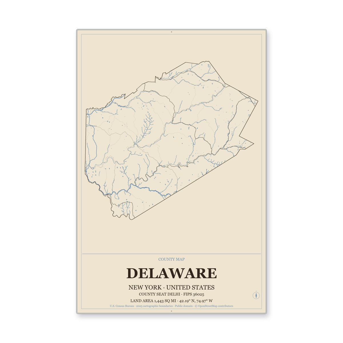 Delaware County, New York Map Aluminum Sign in Heritage Nautical style
