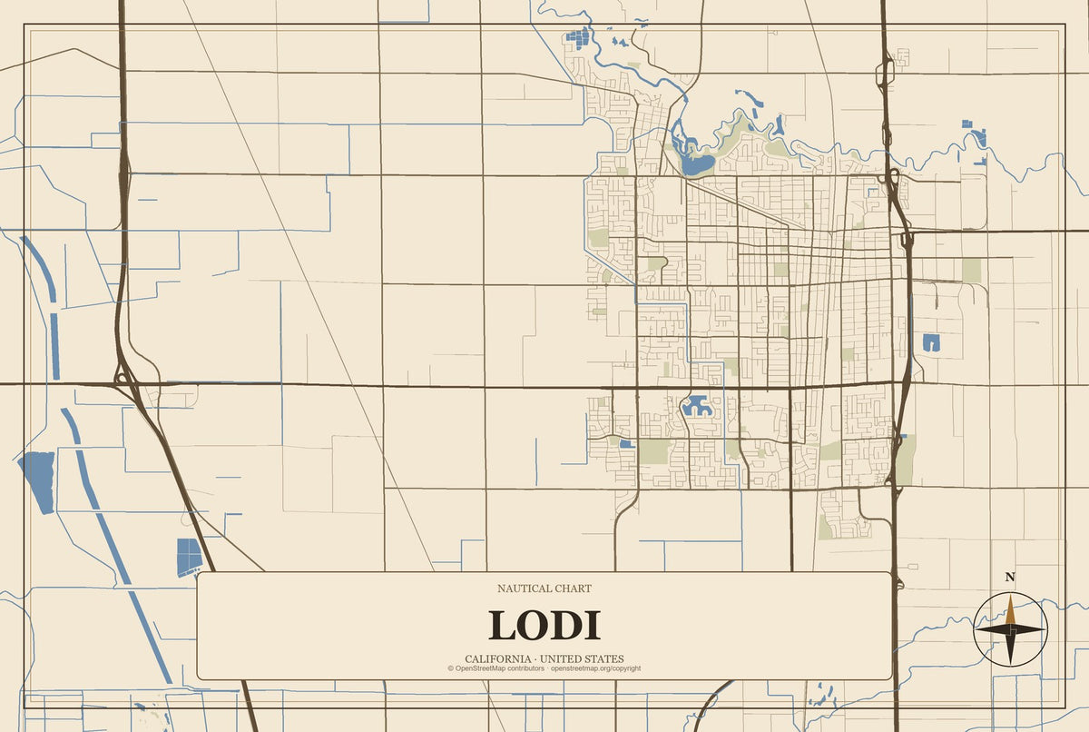 Lodi, California City Map Aluminum Sign in Heritage Nautical style