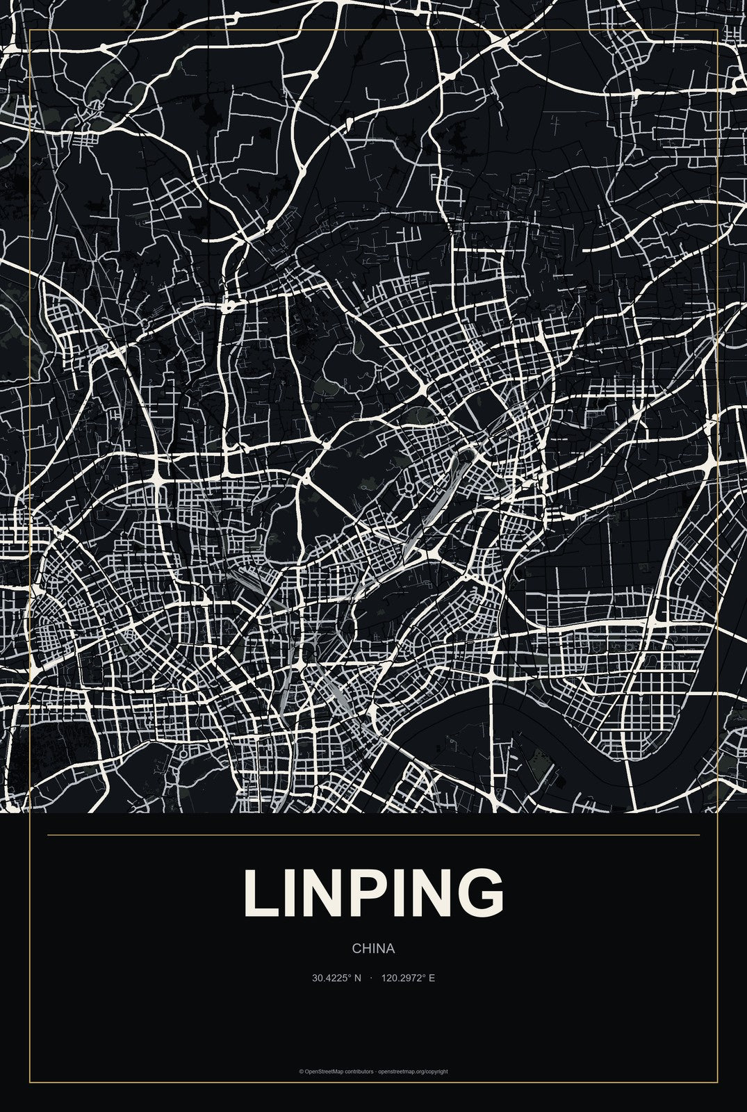 Linping, China City Map Aluminum Sign in Metropolitan Noir style