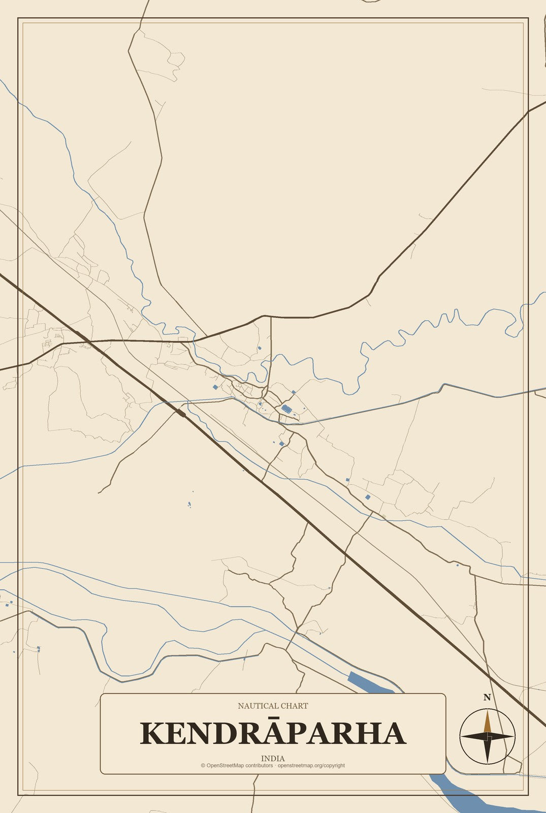 Kendrāparha, India City Map Aluminum Sign in Heritage Nautical style
