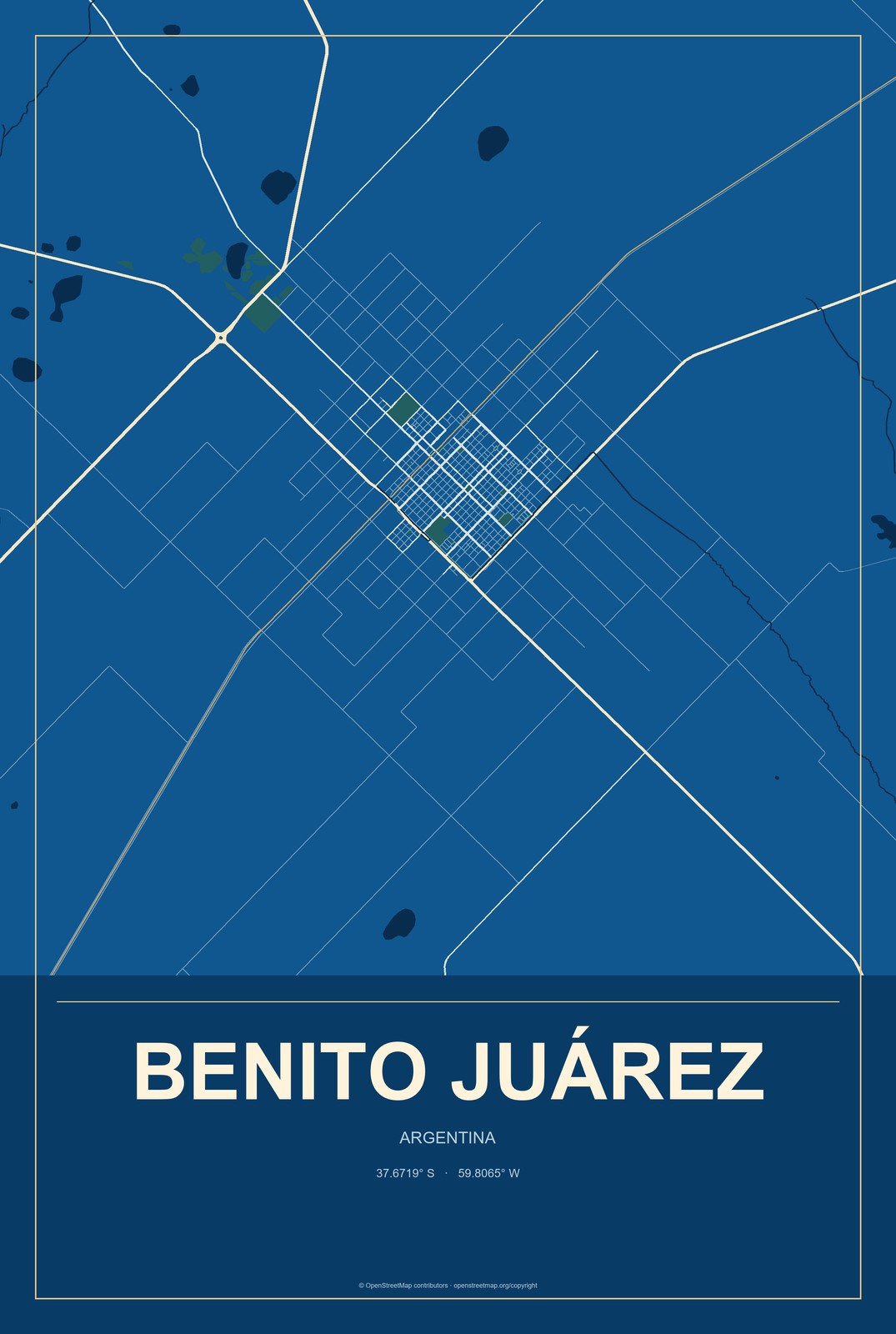 Benito Juárez, Argentina City Map Aluminum Sign in Harbor Cobalt style