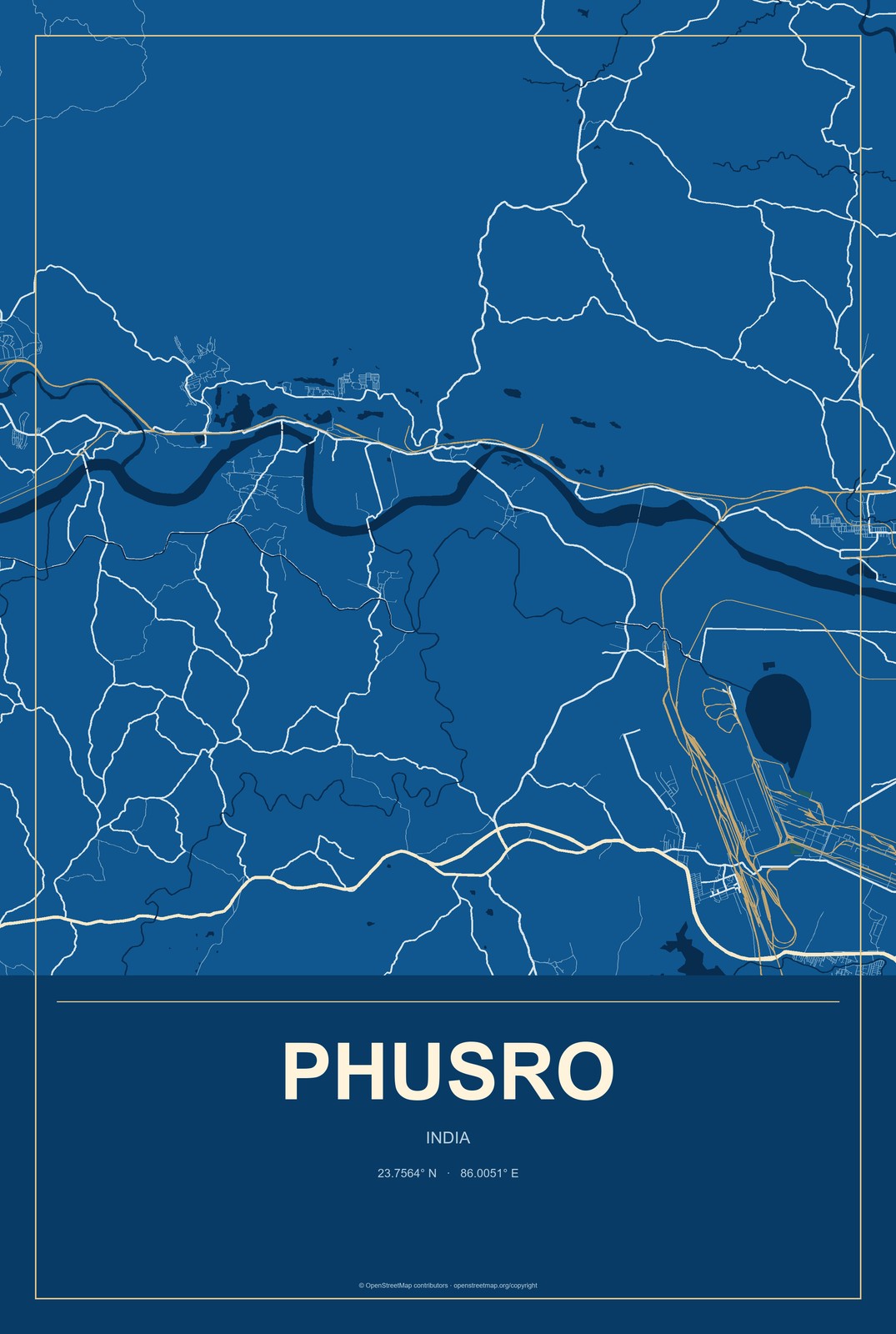 Phusro, India City Map Aluminum Sign in Harbor Cobalt style