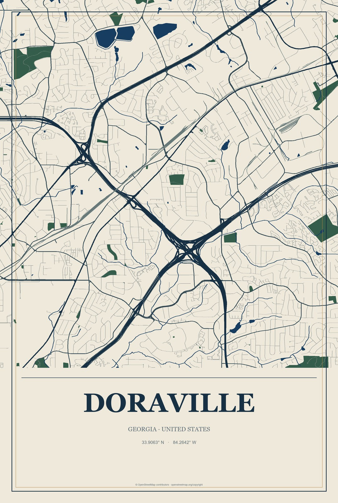 Doraville, Georgia City Map Aluminum Sign in Coastal Cutout style