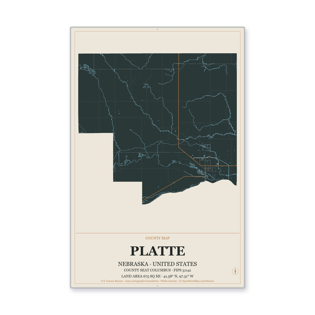 Platte County, Nebraska Map Aluminum Sign in Headline Atlas style
