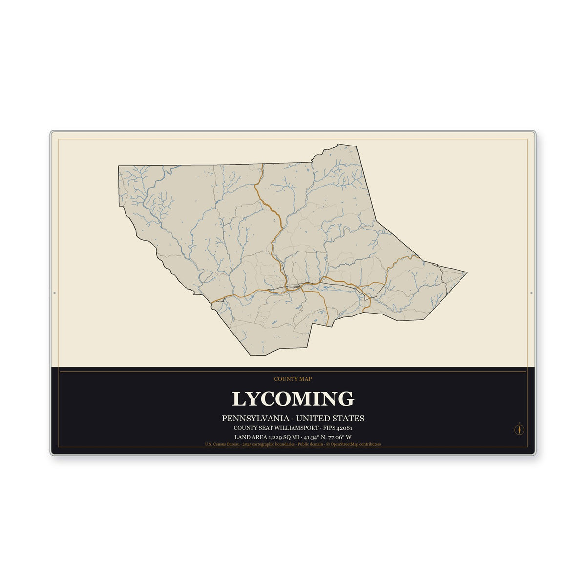 Lycoming County, Pennsylvania Map Aluminum Sign in Museum Plaque style