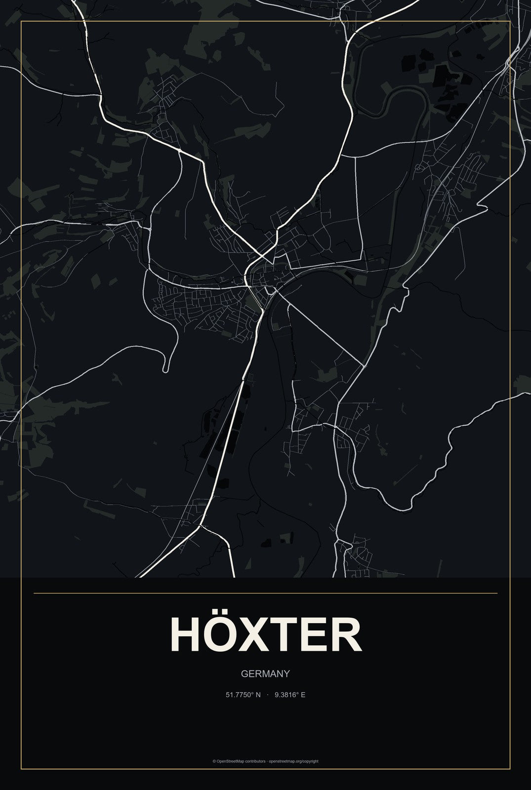 Höxter, Germany City Map Aluminum Sign in Metropolitan Noir style