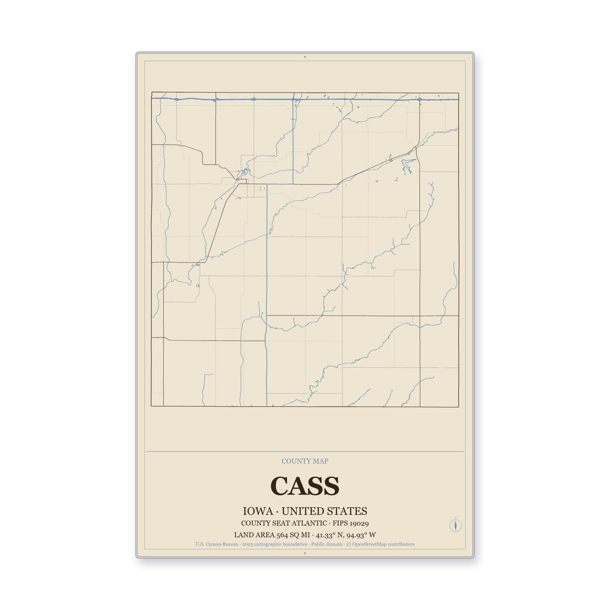 Cass County, Iowa Map Aluminum Sign in Heritage Nautical style