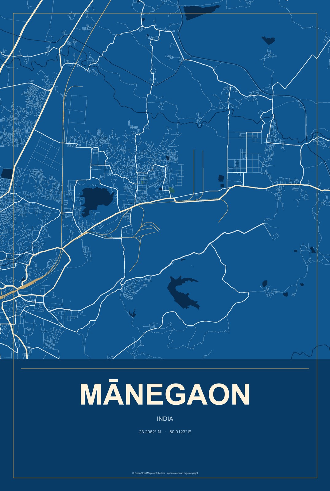 Mānegaon, India City Map Aluminum Sign in Harbor Cobalt style