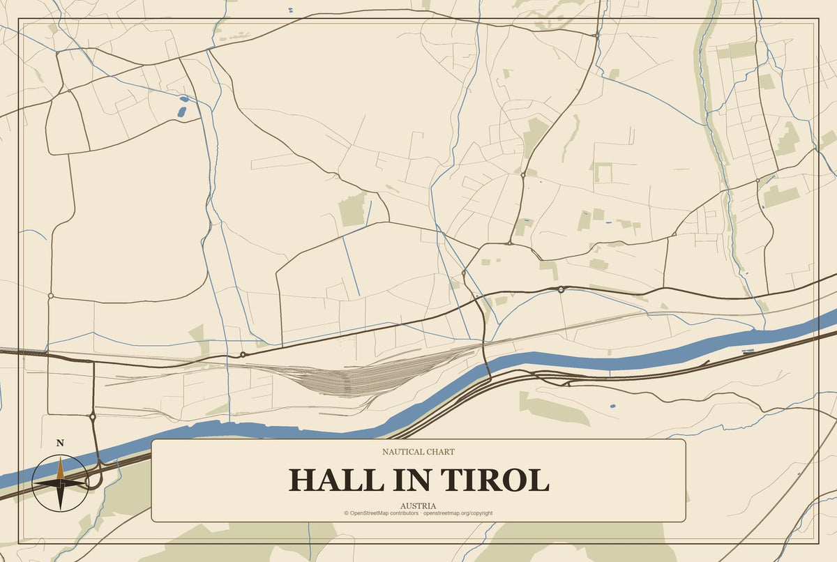 Hall in Tirol, Austria City Map Aluminum Sign in Heritage Nautical style