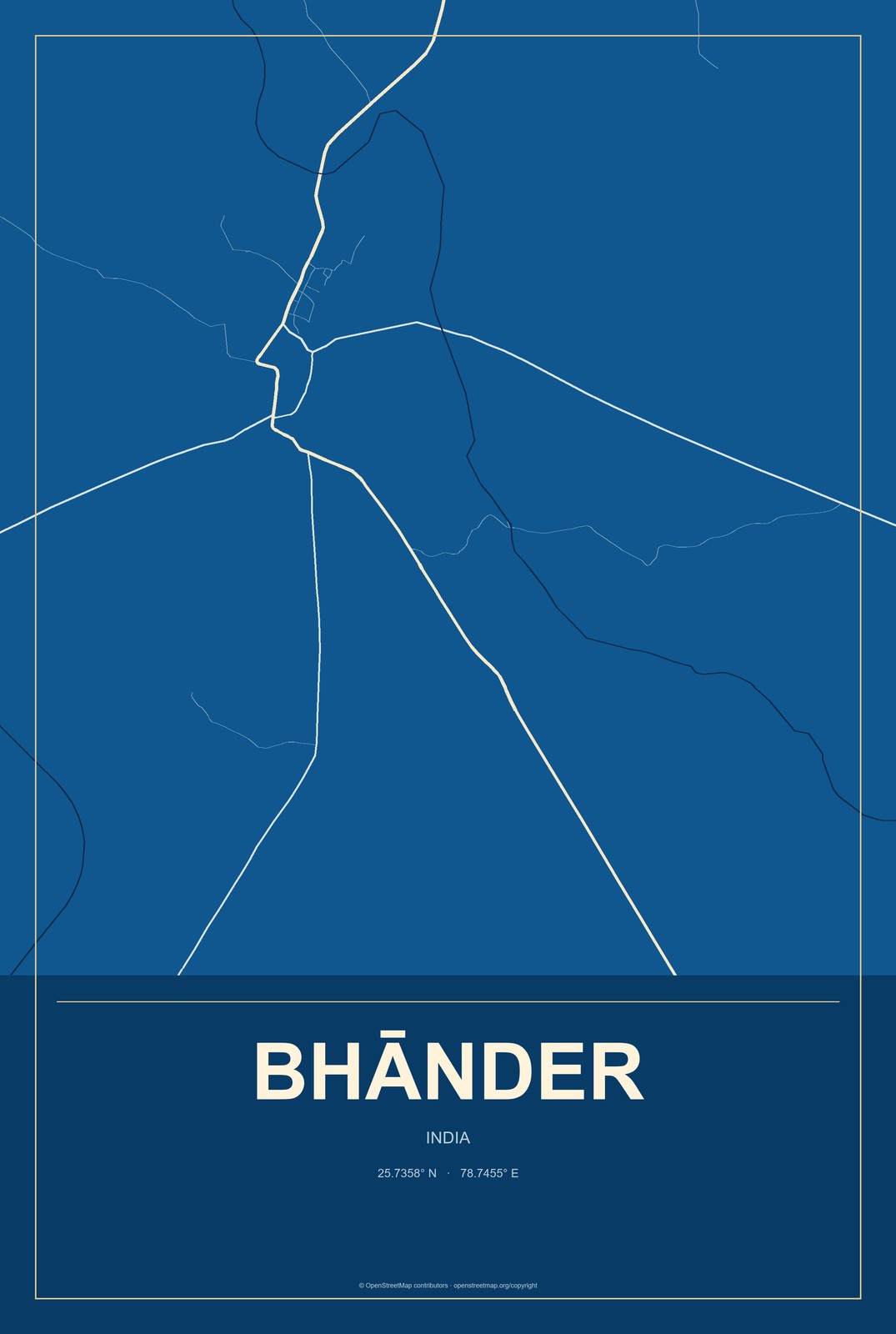 Bhānder, India City Map Aluminum Sign in Harbor Cobalt style