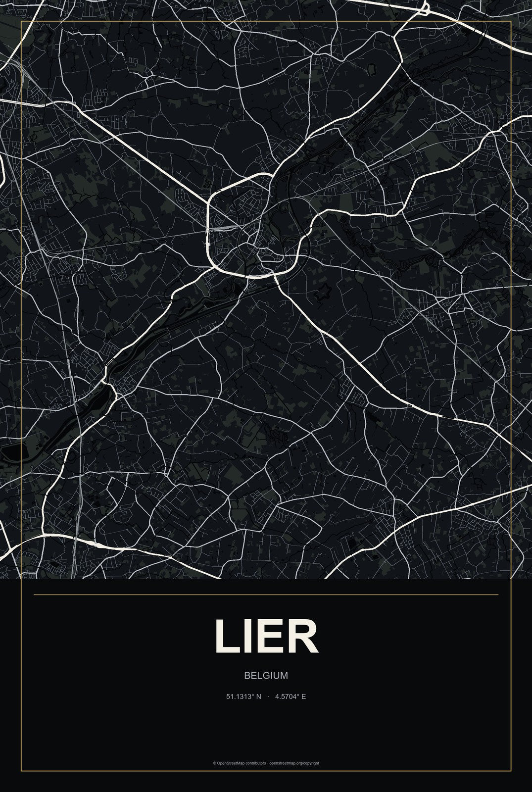 Lier, Belgium City Map Aluminum Sign in Metropolitan Noir style