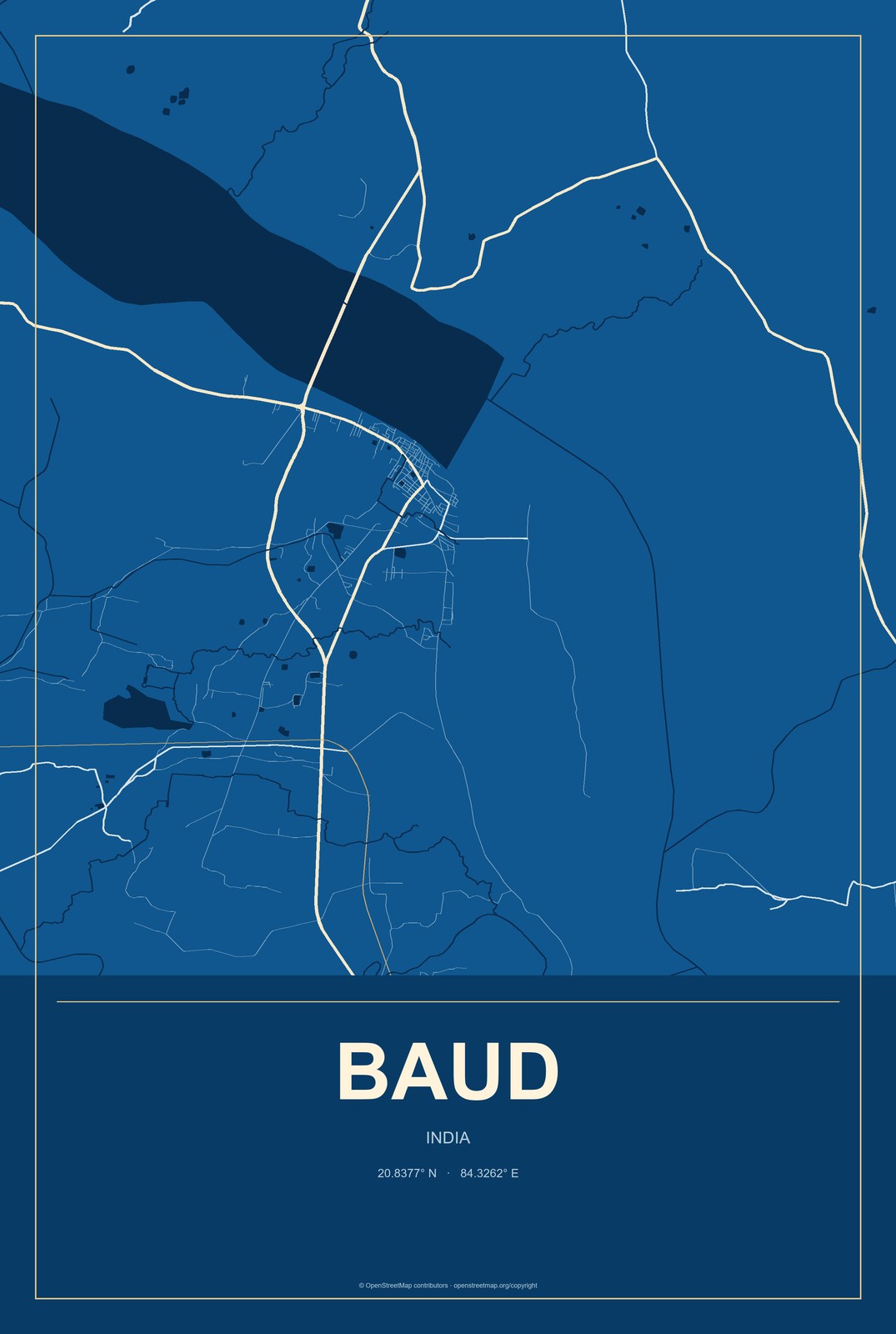 Baud, India City Map Aluminum Sign in Harbor Cobalt style