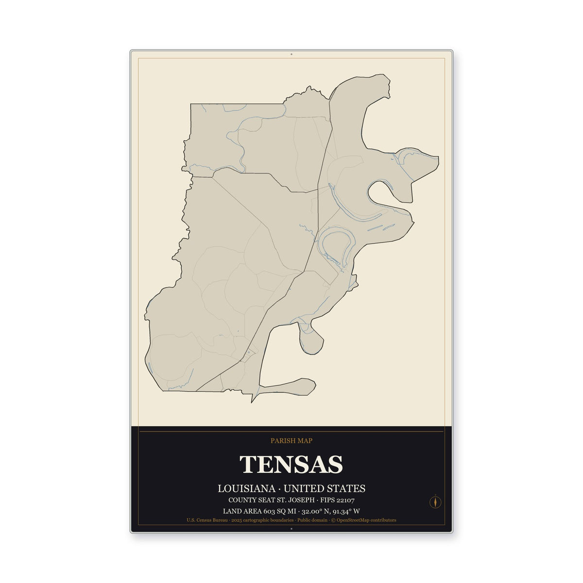 Tensas Parish, Louisiana Map Aluminum Sign in Museum Plaque style