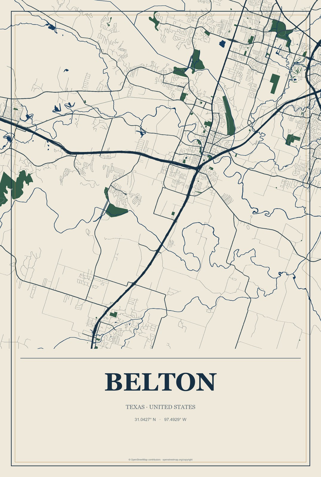 Belton, Texas City Map Aluminum Sign in Coastal Cutout style