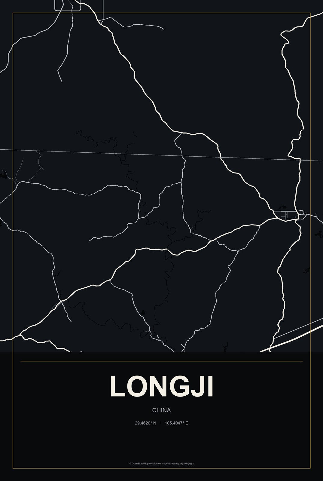 Longji, China City Map Aluminum Sign in Metropolitan Noir style
