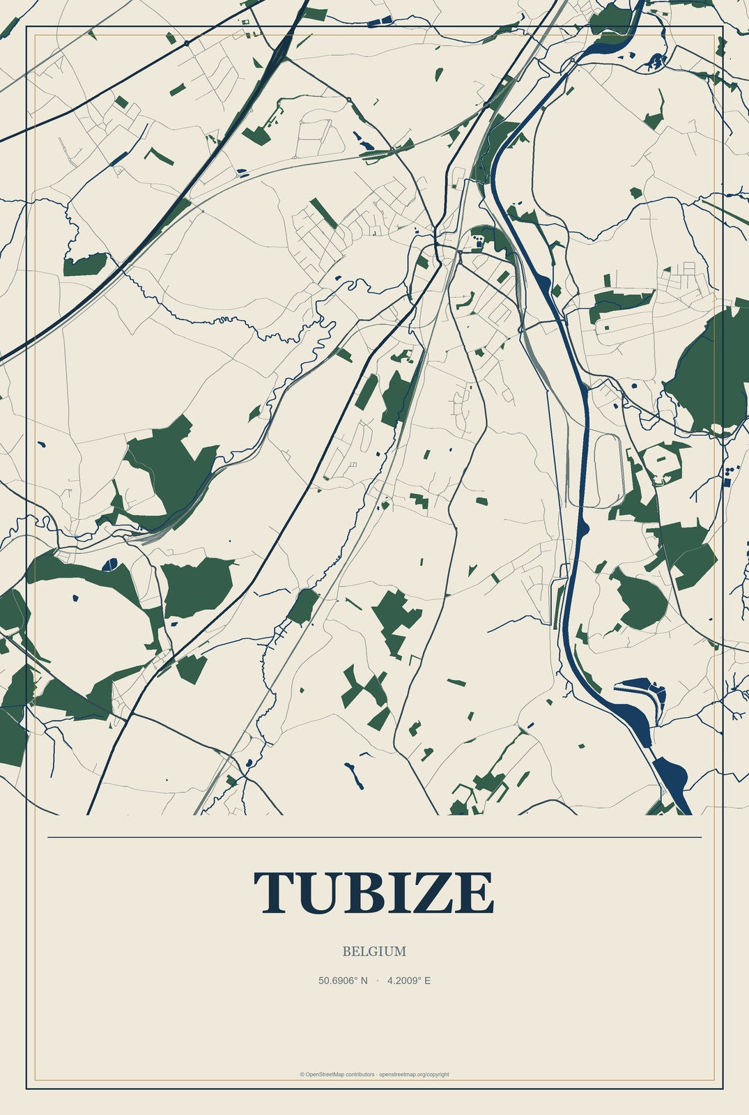 Tubize, Belgium City Map Aluminum Sign in Coastal Cutout style