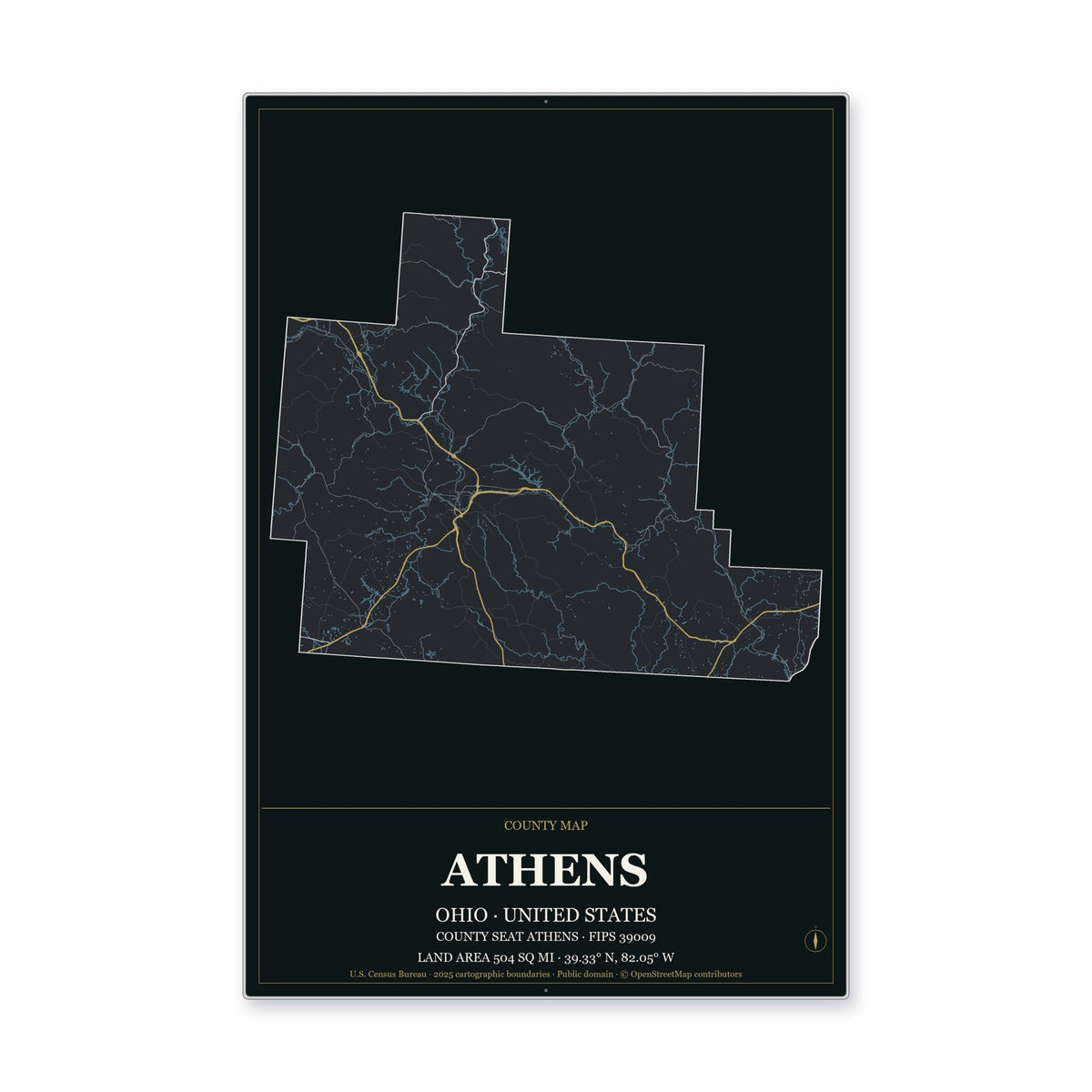 Athens County, Ohio Map Aluminum Sign in Metropolitan Noir style