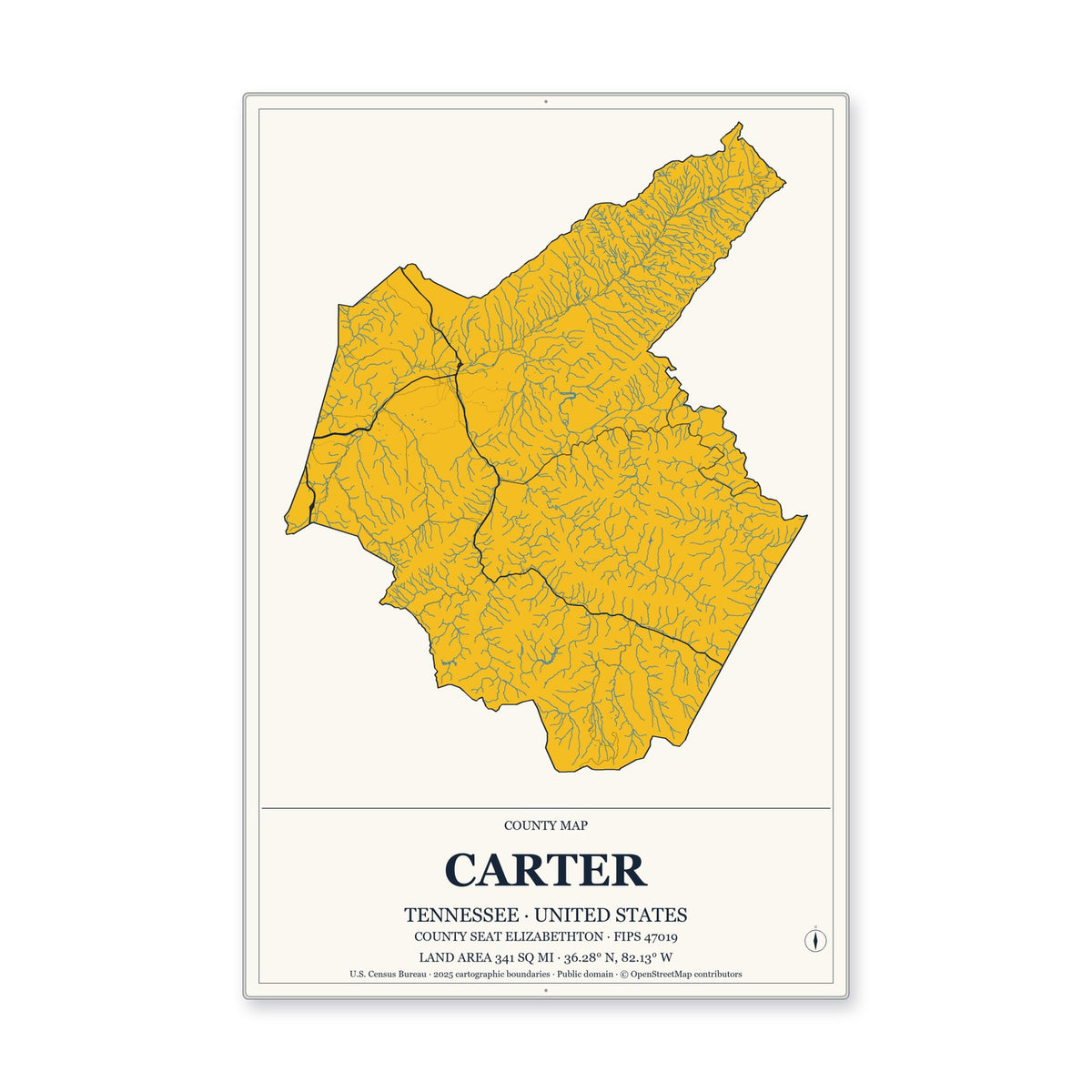 Carter County, Tennessee Map Aluminum Sign in Citrine Modern style
