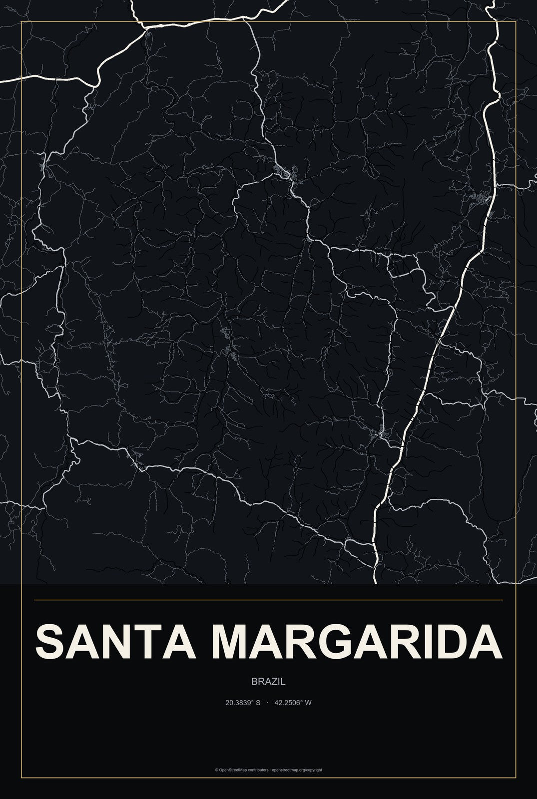 Santa Margarida, Brazil City Map Aluminum Sign in Metropolitan Noir style