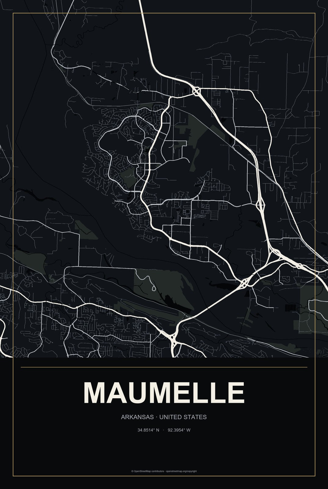Maumelle, Arkansas City Map Aluminum Sign in Metropolitan Noir style