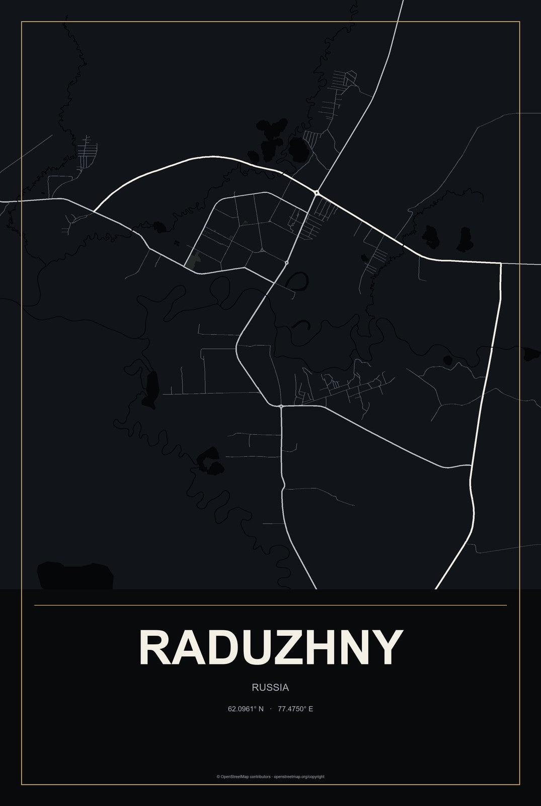 Raduzhny, Russia City Map Aluminum Sign in Metropolitan Noir style