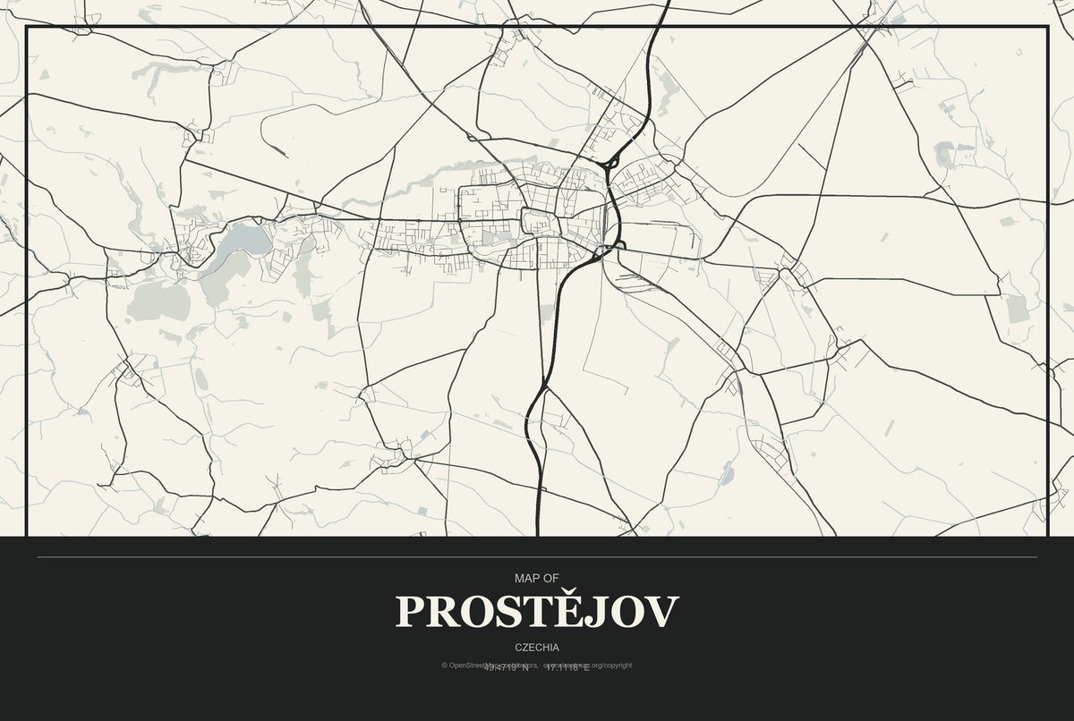 Prostějov, Czechia City Map Aluminum Sign in Museum Plaque style