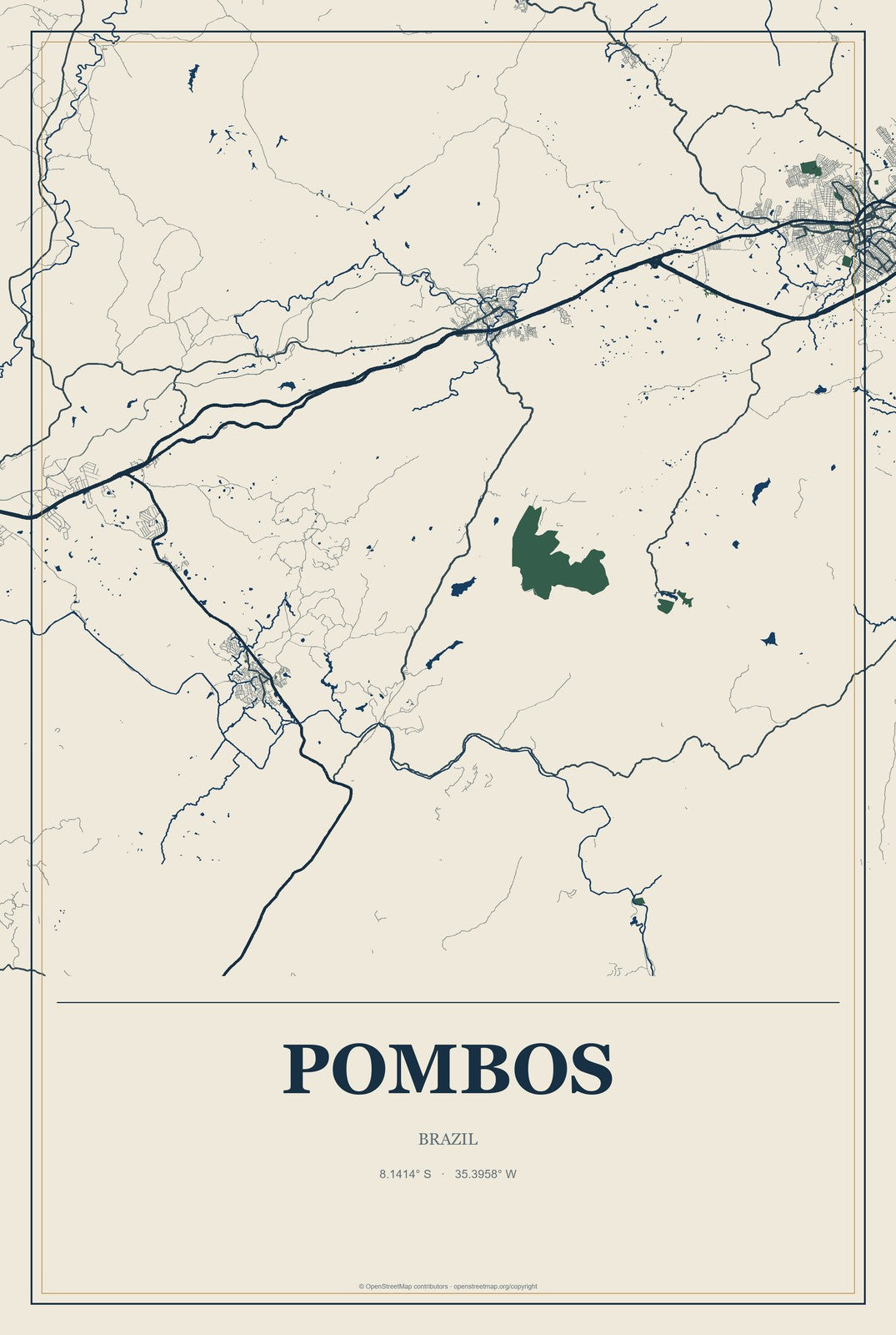Pombos, Brazil City Map Aluminum Sign in Coastal Cutout style