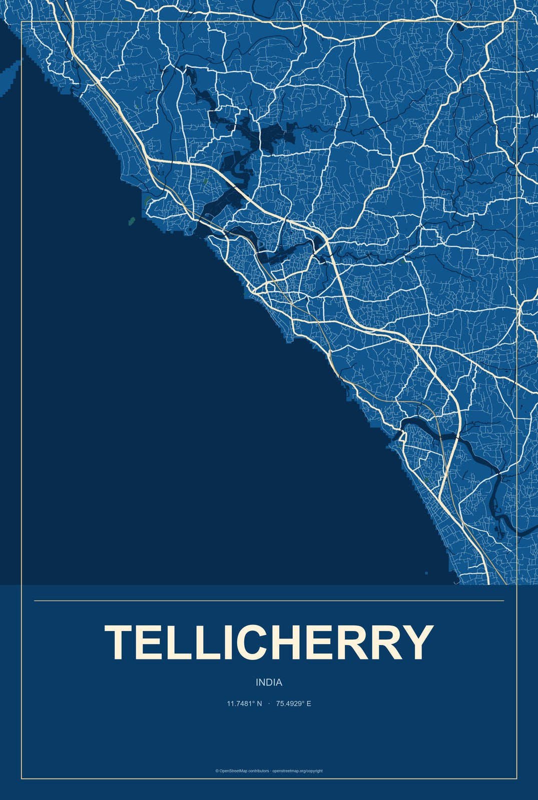 Tellicherry, India City Map Aluminum Sign in Harbor Cobalt style