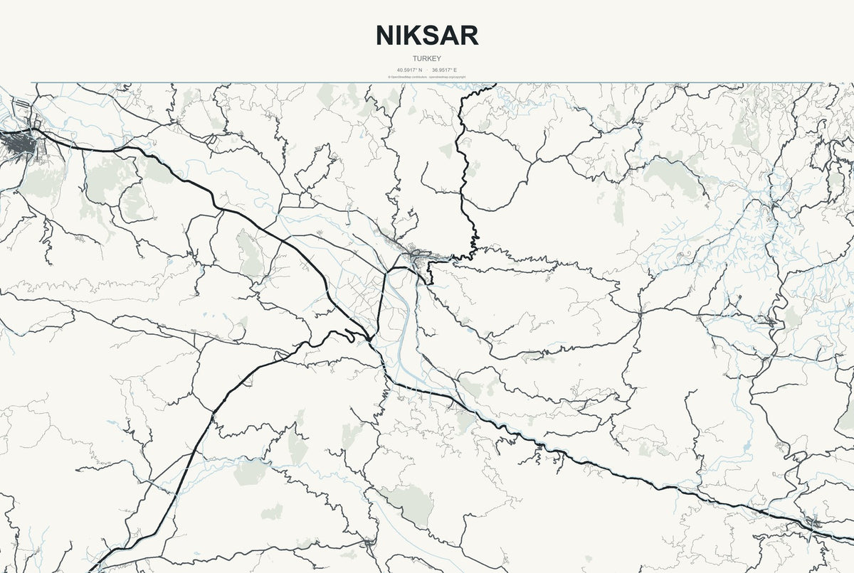 Niksar, Turkey City Map Aluminum Sign in Headline Atlas style