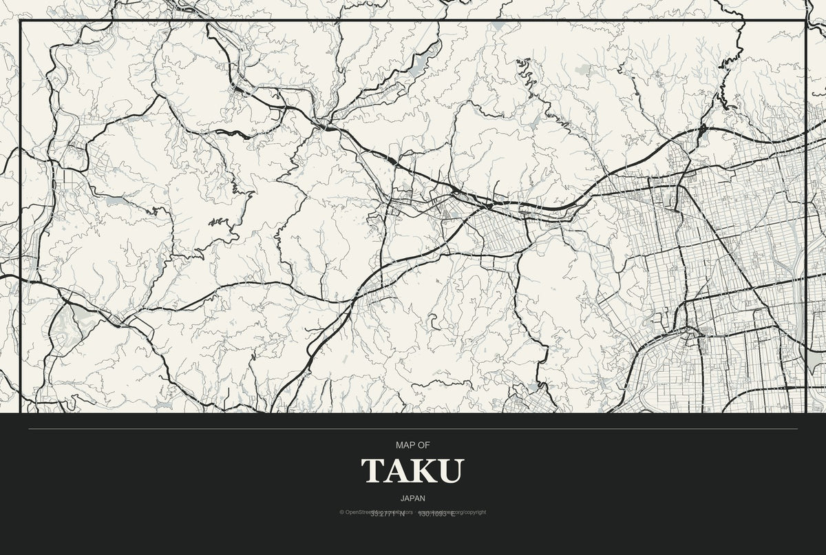 Taku, Japan City Map Aluminum Sign in Museum Plaque style