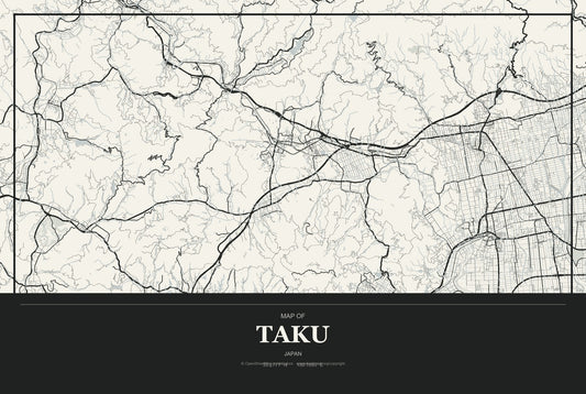 Taku, Japan City Map Aluminum Sign in Museum Plaque style