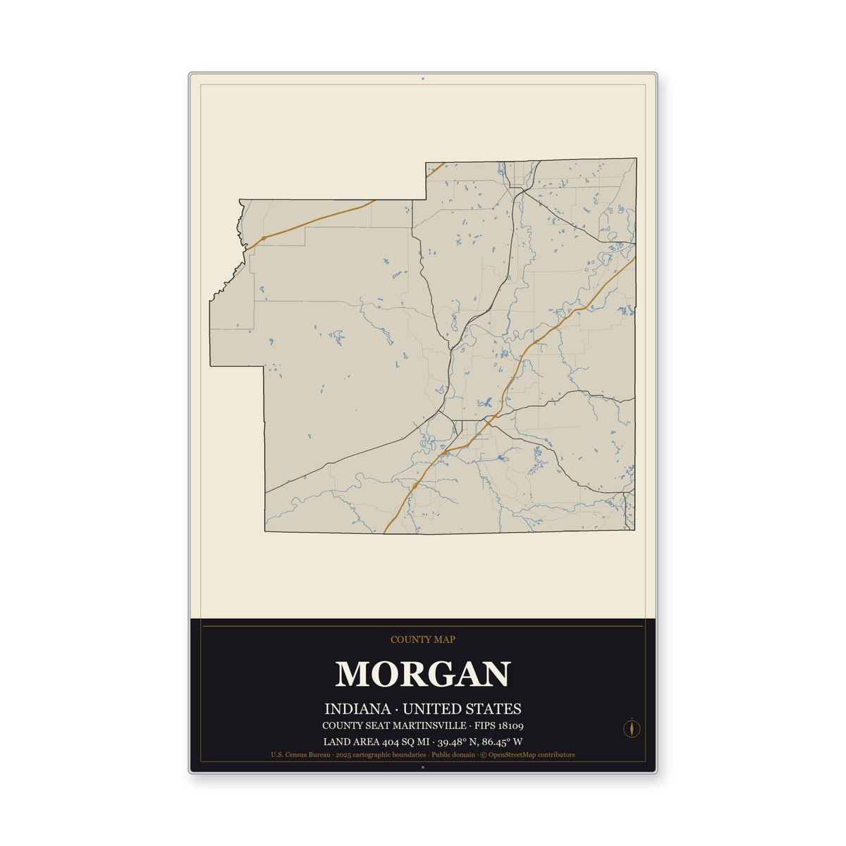 Morgan County, Indiana Map Aluminum Sign in Museum Plaque style