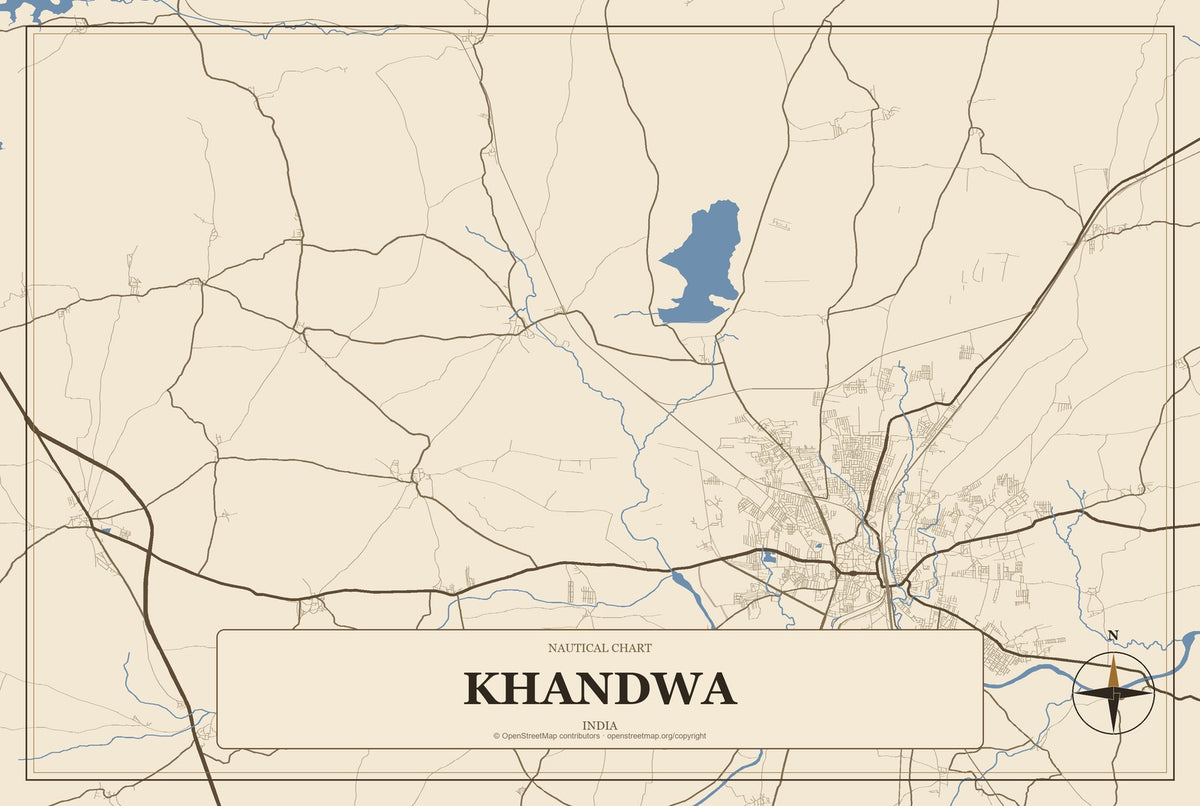 Khandwa, India City Map Aluminum Sign in Heritage Nautical style