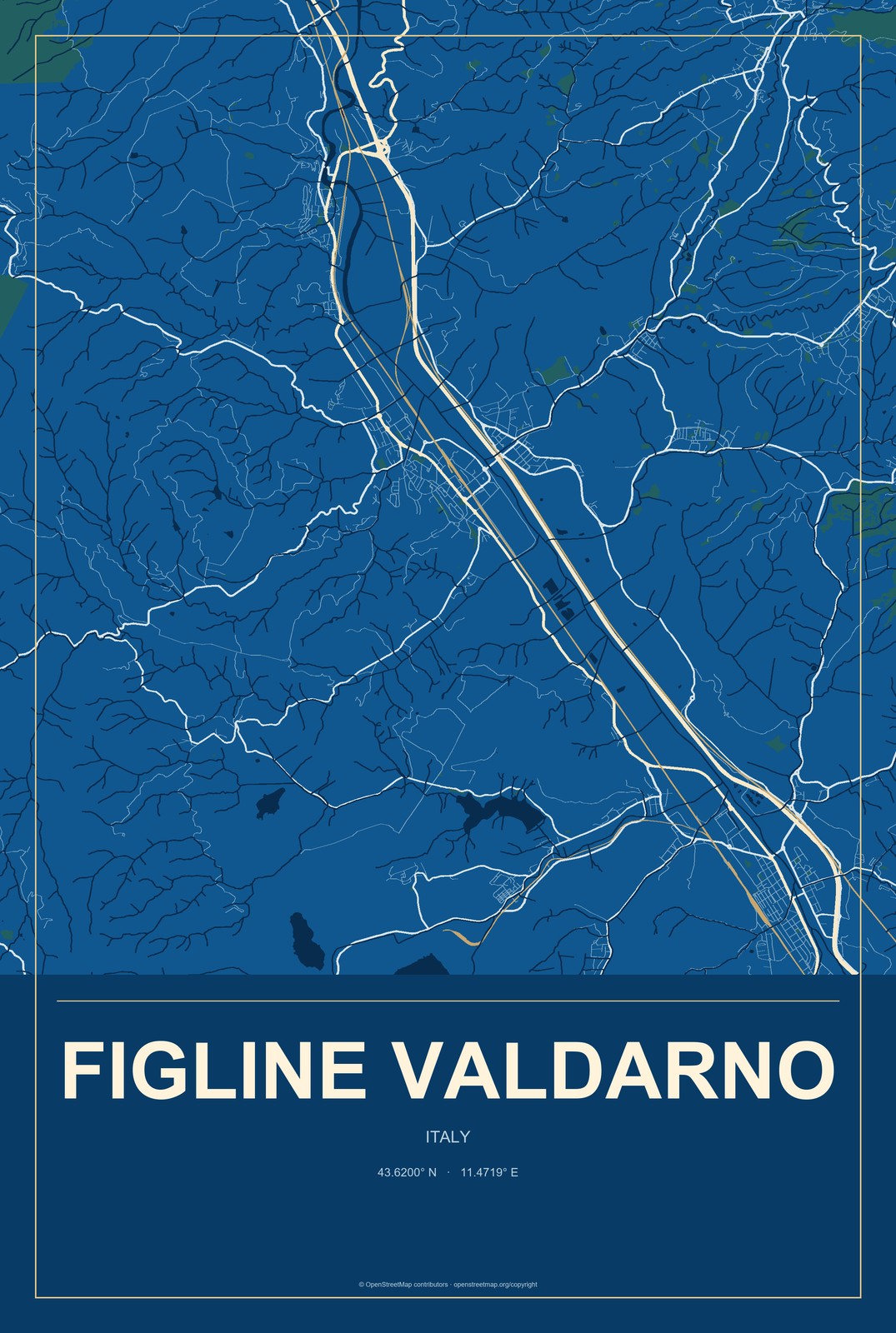 Figline Valdarno, Italy City Map Aluminum Sign in Harbor Cobalt style