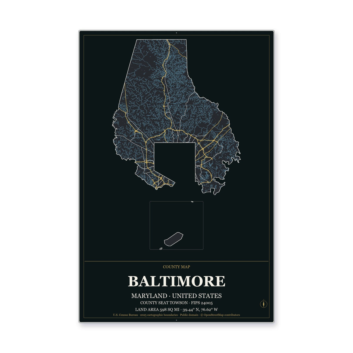 Baltimore County, Maryland Map Aluminum Sign in Metropolitan Noir style