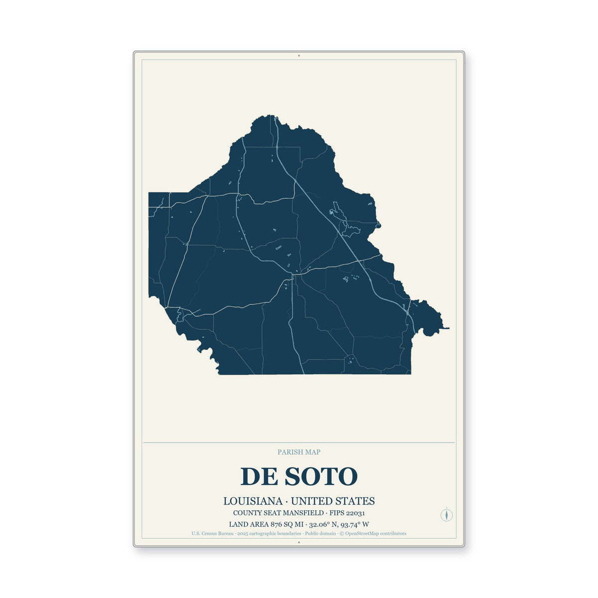 De Soto Parish, Louisiana Map Aluminum Sign in Coastal Cutout style