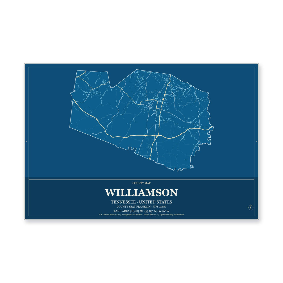 Williamson County, Tennessee Map Aluminum Sign in Harbor Cobalt style