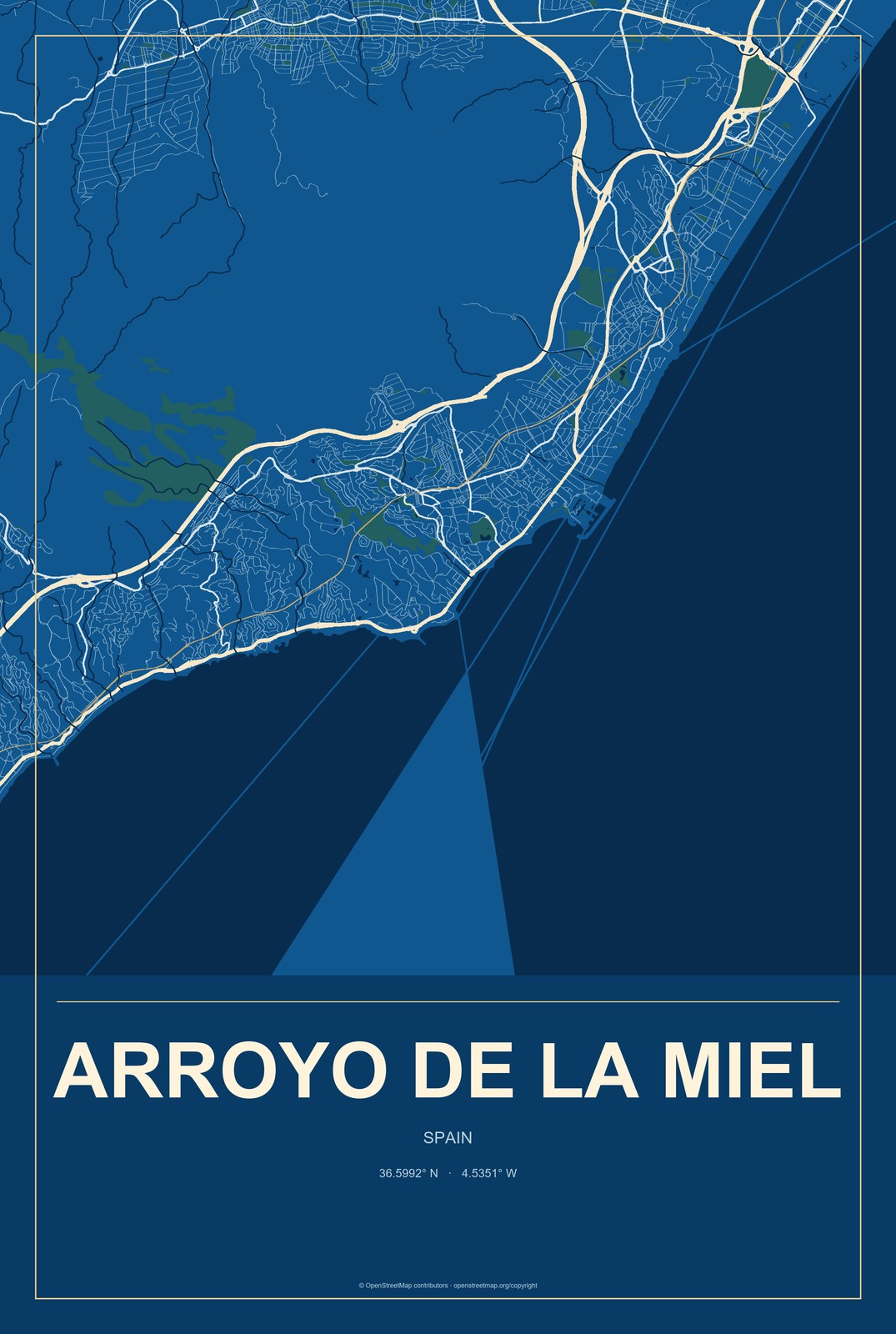 Arroyo de la Miel, Spain City Map Aluminum Sign in Harbor Cobalt style