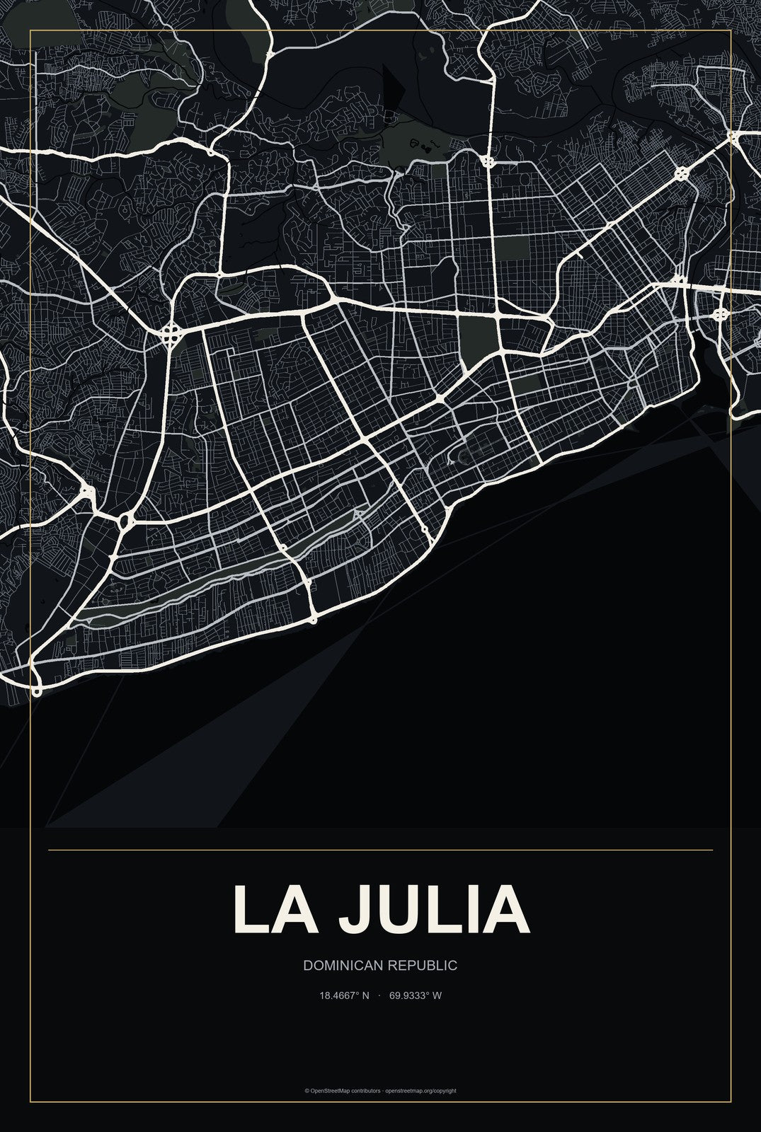 La Julia, Dominican Republic City Map Aluminum Sign in Metropolitan Noir style